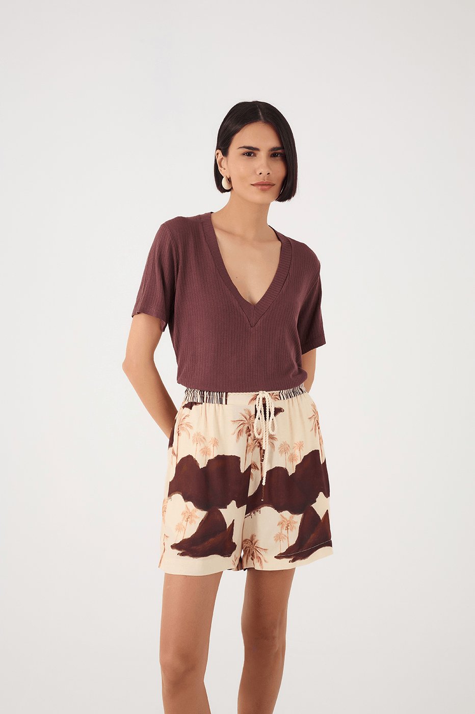 Brown Caffeine V Neck Short Sleeve T-Shirt
