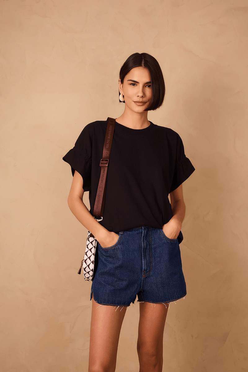 Black Crew Neck Ruched Sleeve T-Shirt_1