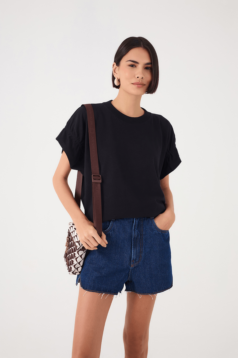 Black Crew Neck Ruched Sleeve T-Shirt
