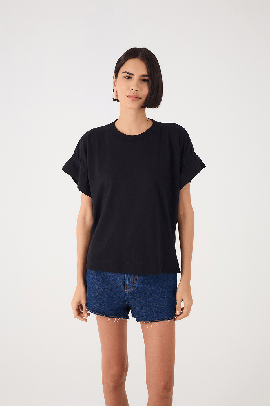Black Crew Neck Ruched Sleeve T-Shirt