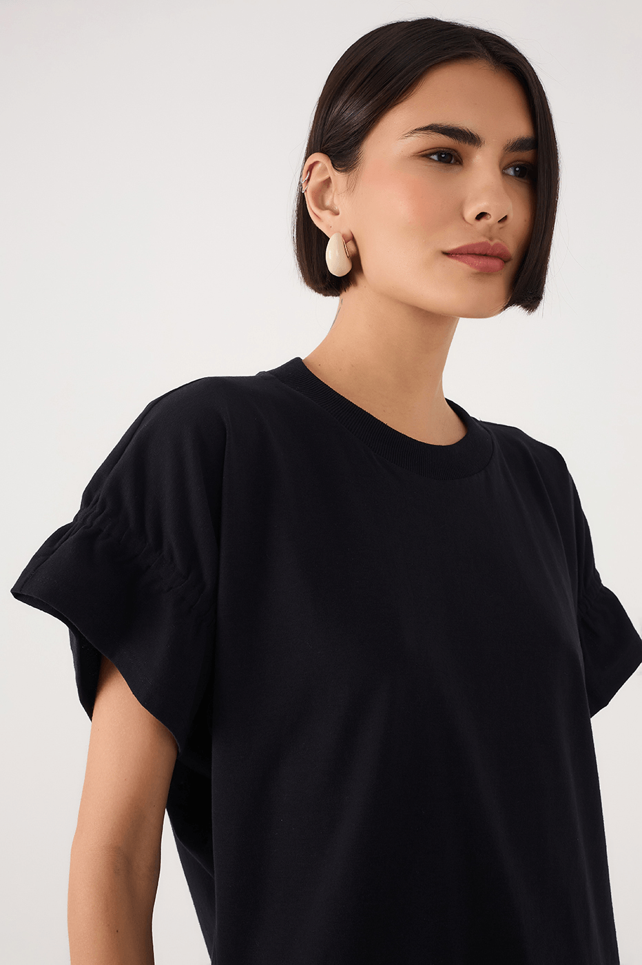 Black Crew Neck Ruched Sleeve T-Shirt