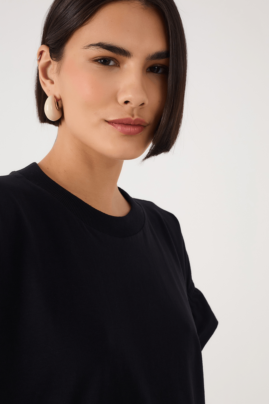 Black Crew Neck Ruched Sleeve T-Shirt