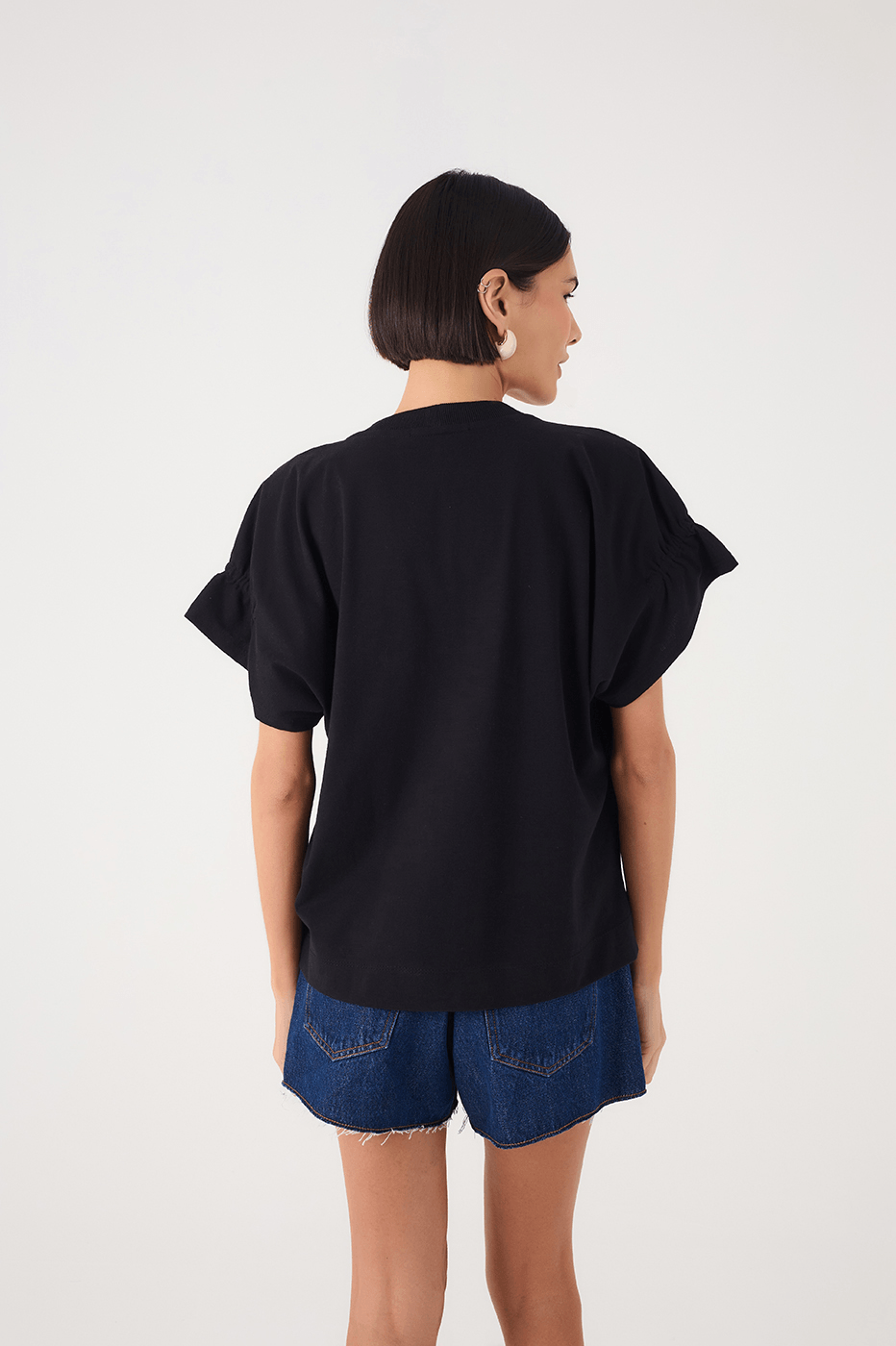 Black Crew Neck Ruched Sleeve T-Shirt