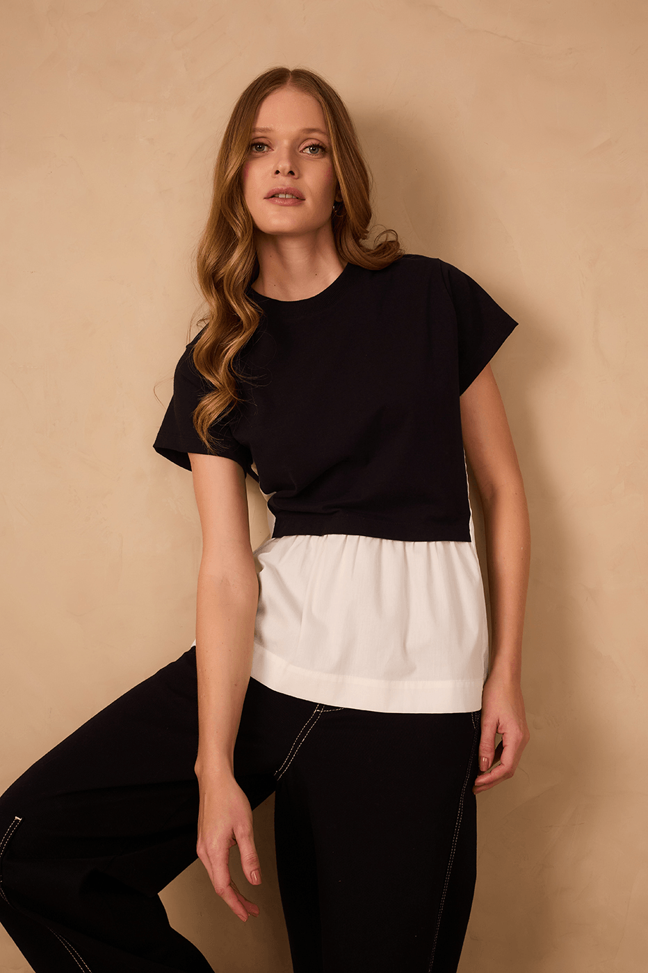 Black And Off-White Crew Neck Short Sleeve Peplum T-Shirt