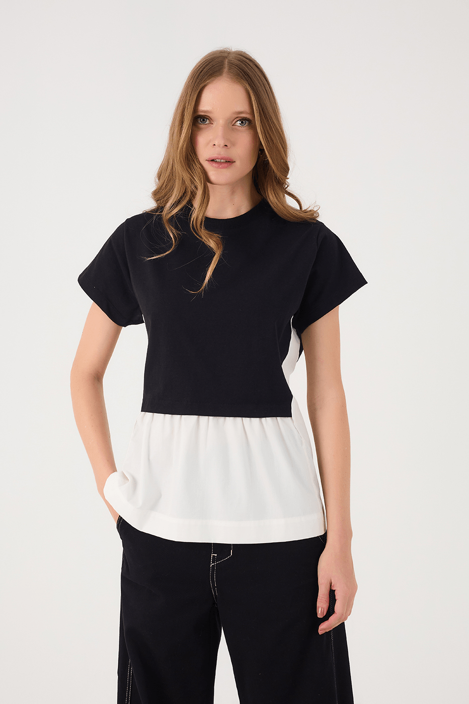 Black And Off-White Crew Neck Short Sleeve Peplum T-Shirt