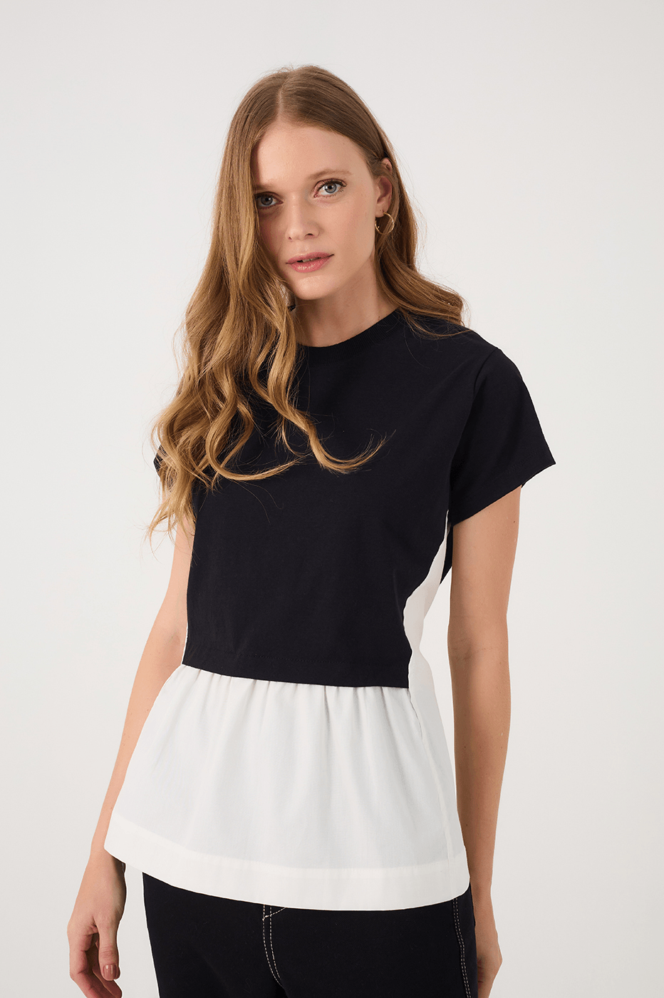 Black And Off-White Crew Neck Short Sleeve Peplum T-Shirt