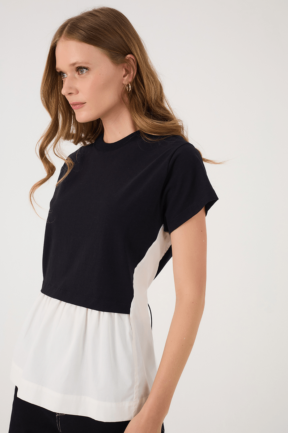 Black And Off-White Crew Neck Short Sleeve Peplum T-Shirt