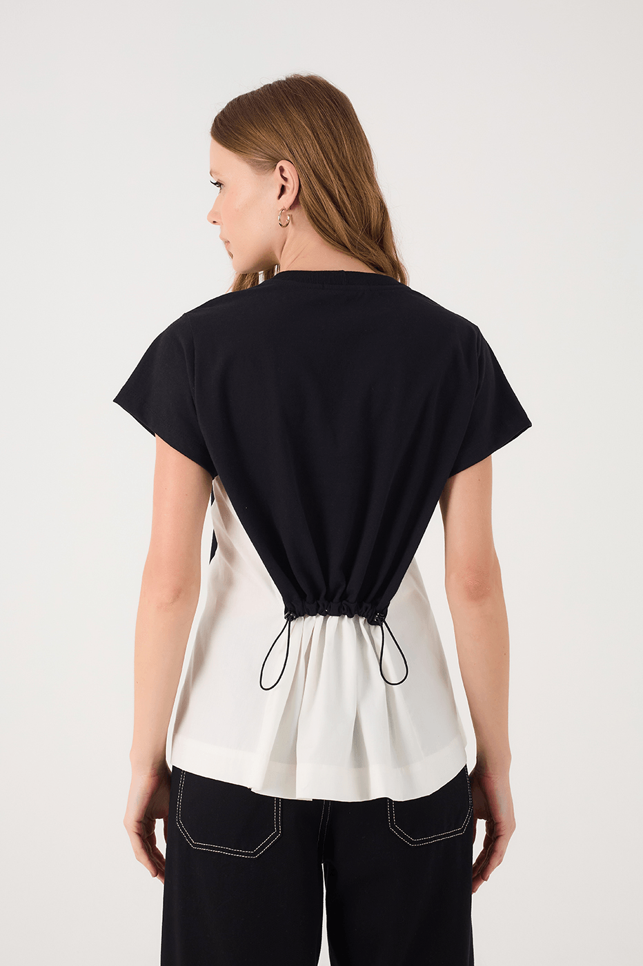 Black And Off-White Crew Neck Short Sleeve Peplum T-Shirt