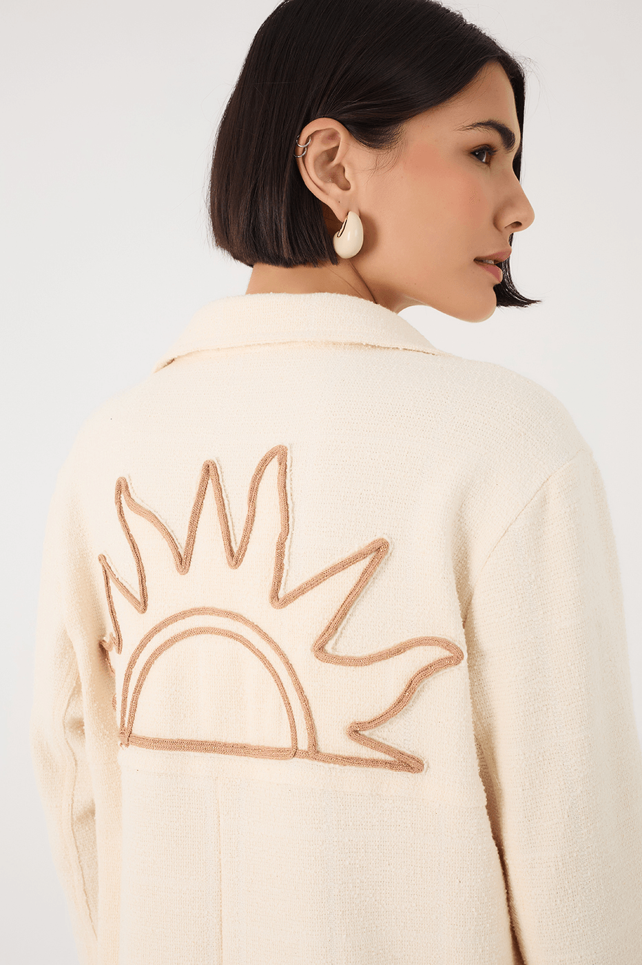 Off-White Embroidered Sun Buttoned Collared Boucle Shirt