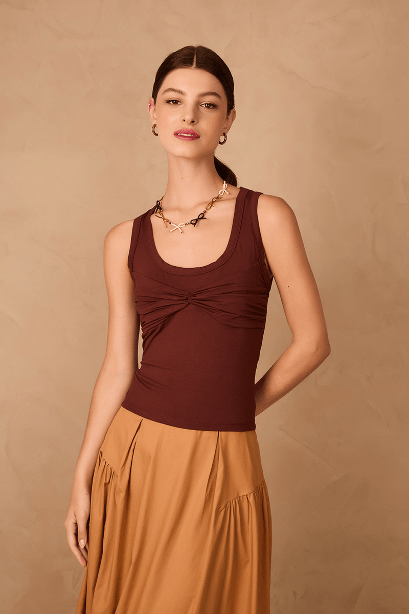 Brown Caffeine Ruched Bodice Tank Top_1