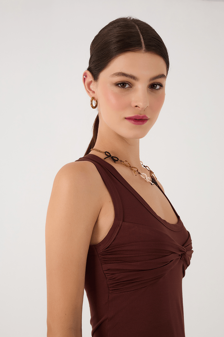 Brown Caffeine Ruched Bodice Tank Top