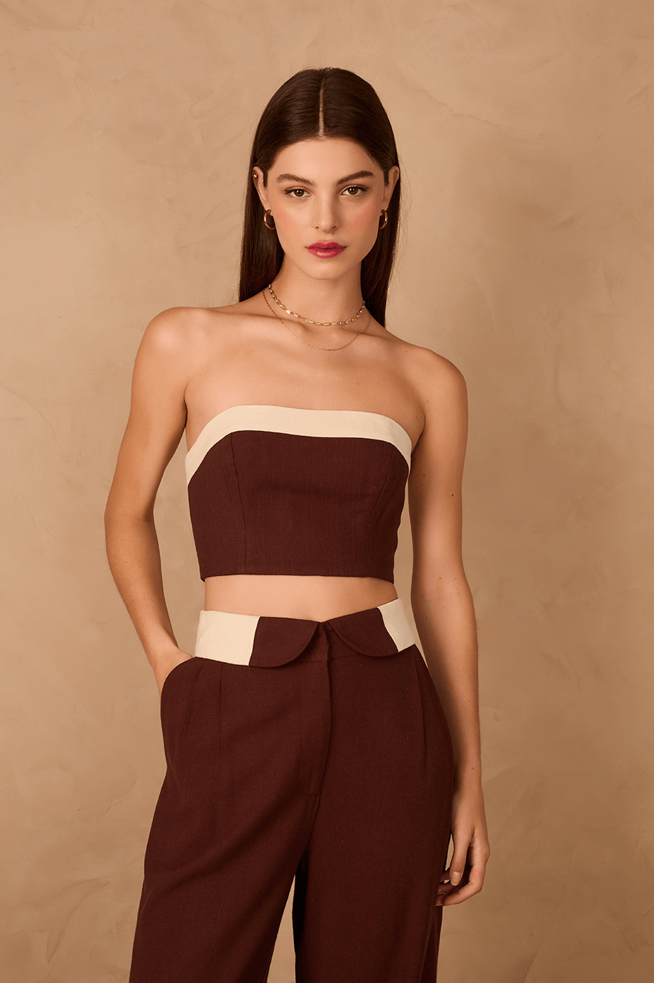 Brown Strapless Linen Crop Top