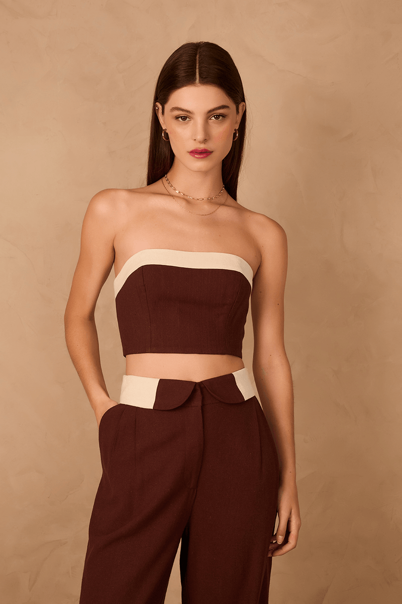 Brown Strapless Linen Crop Top_1