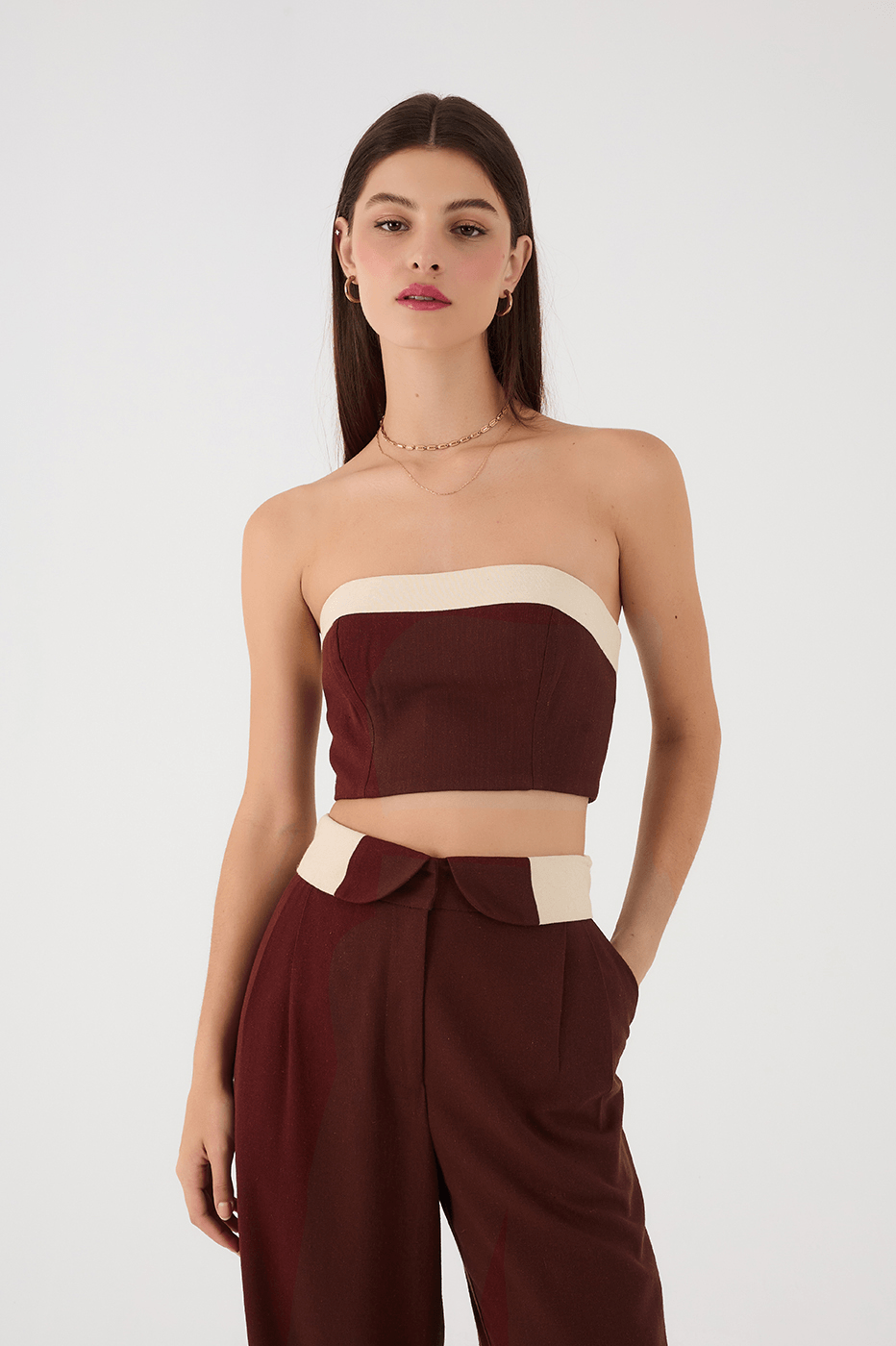 Brown Strapless Linen Crop Top