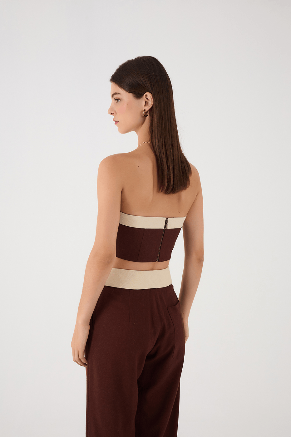 Brown Strapless Linen Crop Top