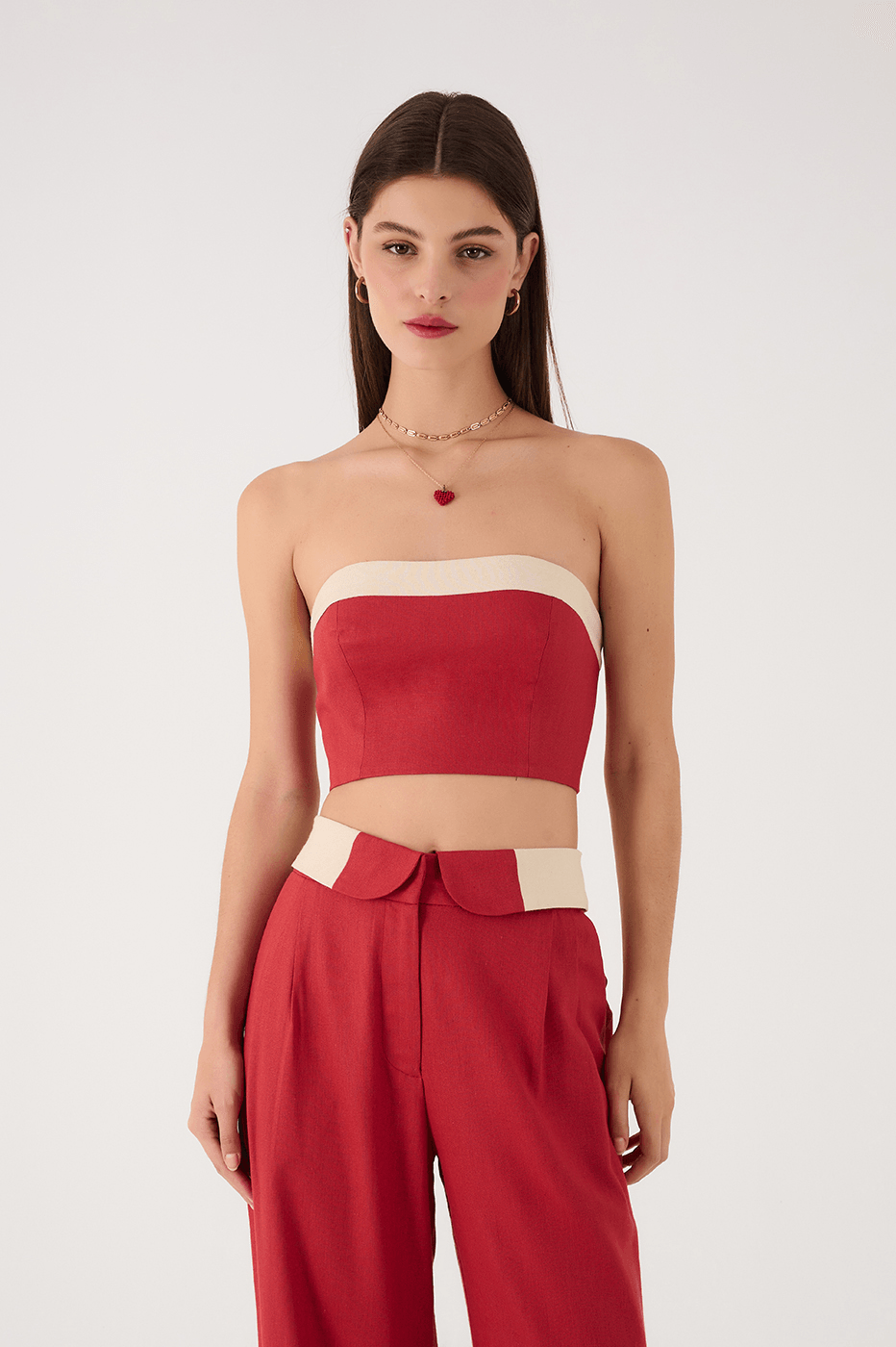 Red Strapless Linen Crop Top