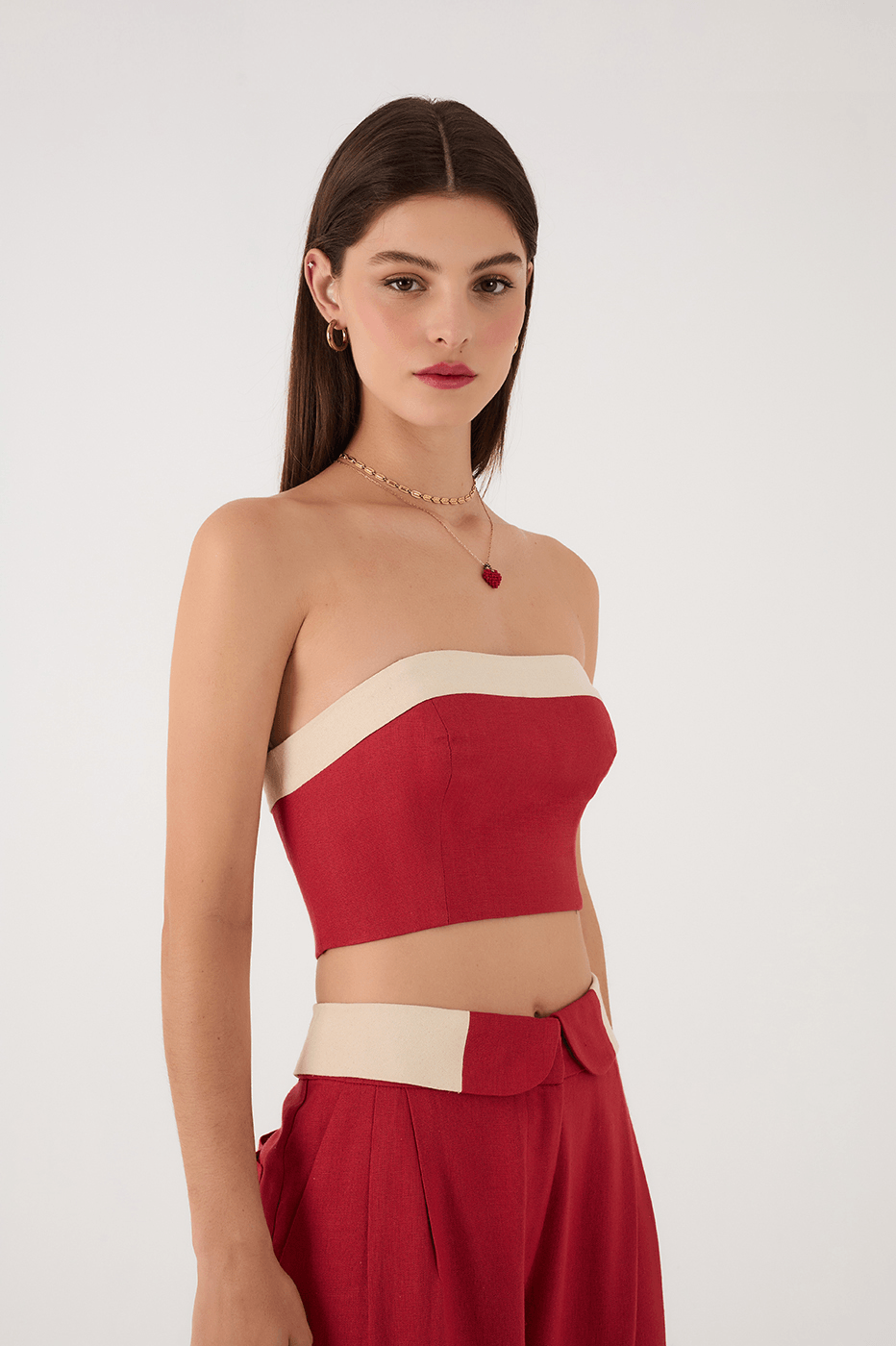 Red Strapless Linen Crop Top