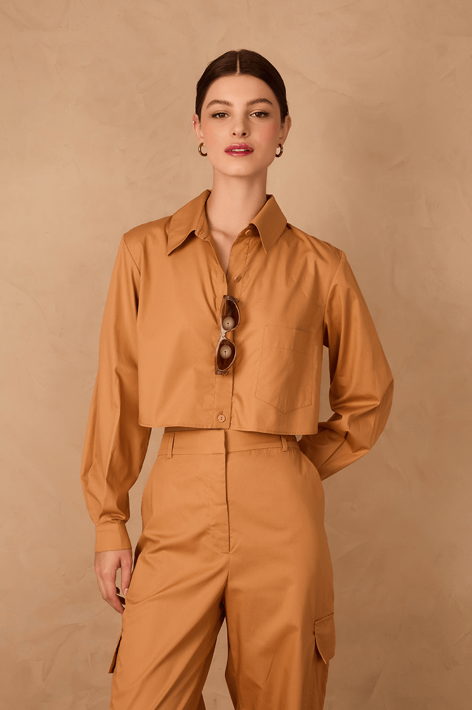 Beige Leme Collared Buttoned Long Sleeve Crop Shirt
