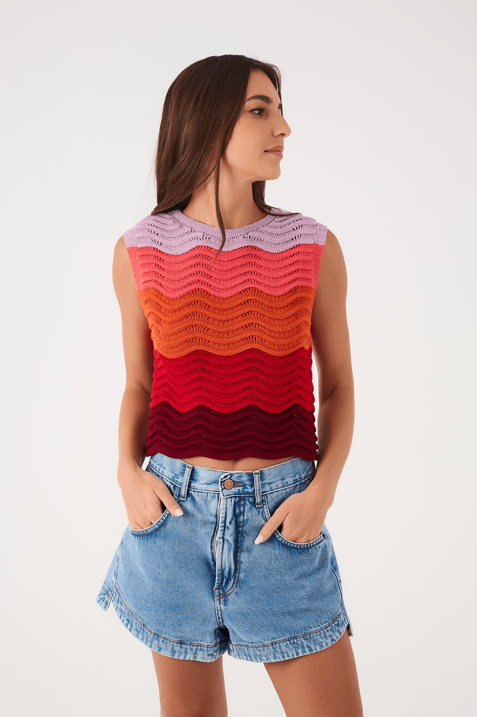 Multicolor Crew Neck Sleeveless Pullover Tricot Blouse