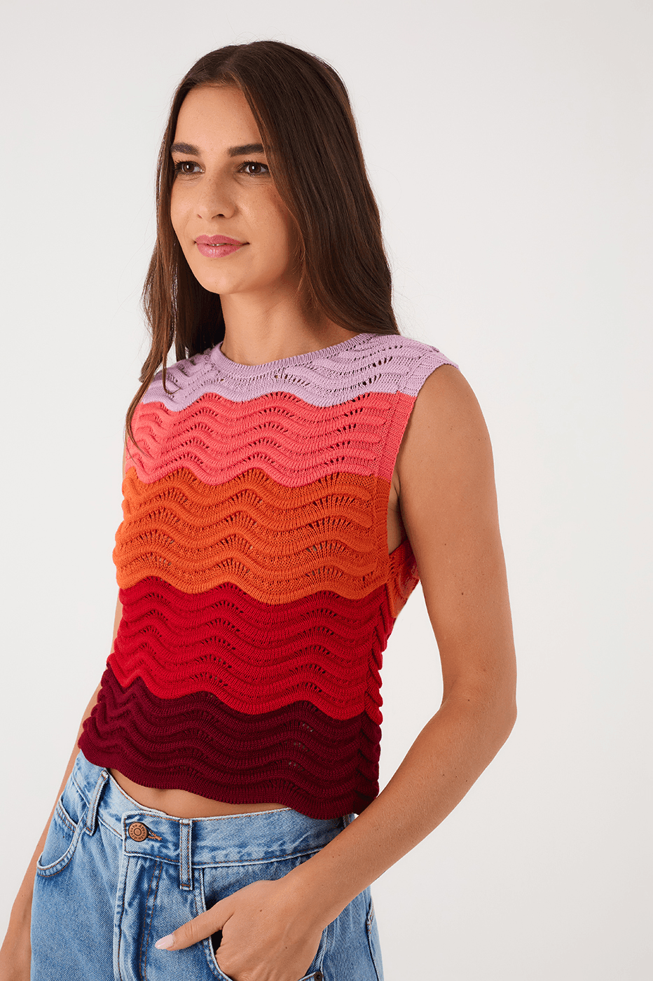 Multicolor Crew Neck Sleeveless Pullover Tricot Blouse