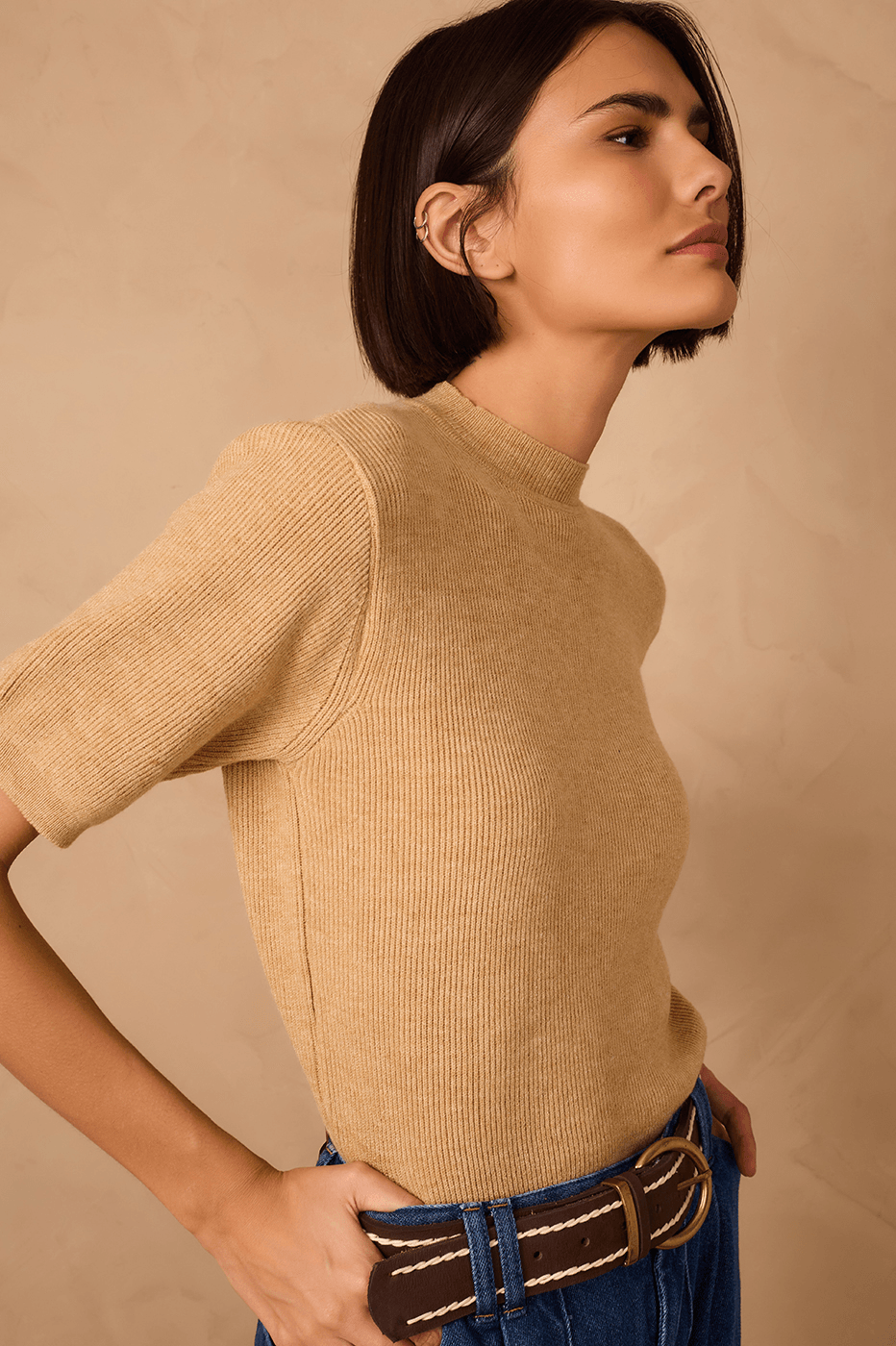 Off-White Short Sleeve Crew Neck Tricot Blouse