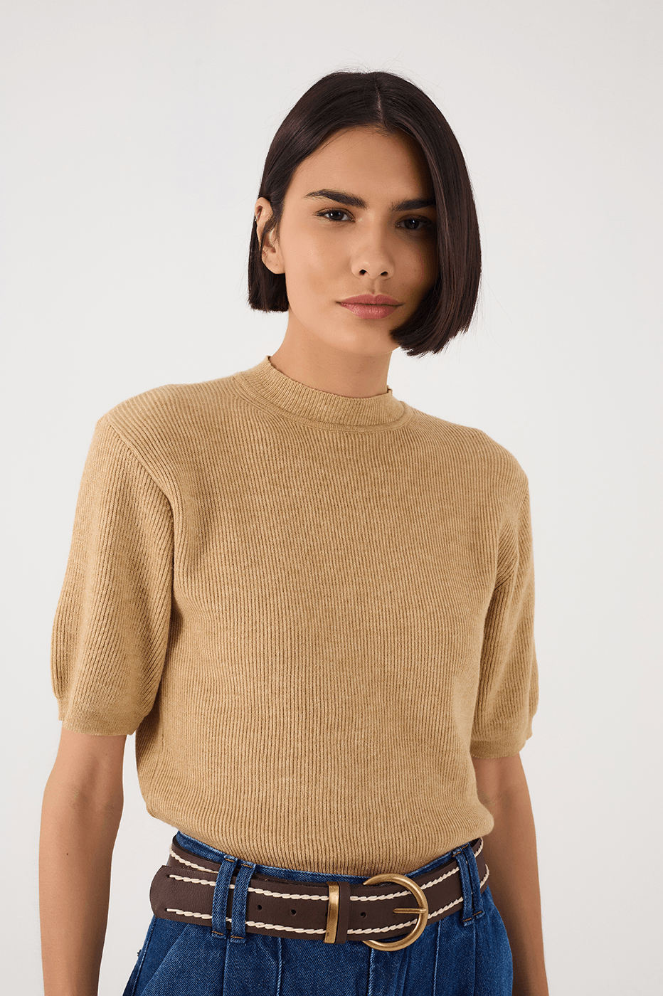 Off-White Short Sleeve Crew Neck Tricot Blouse