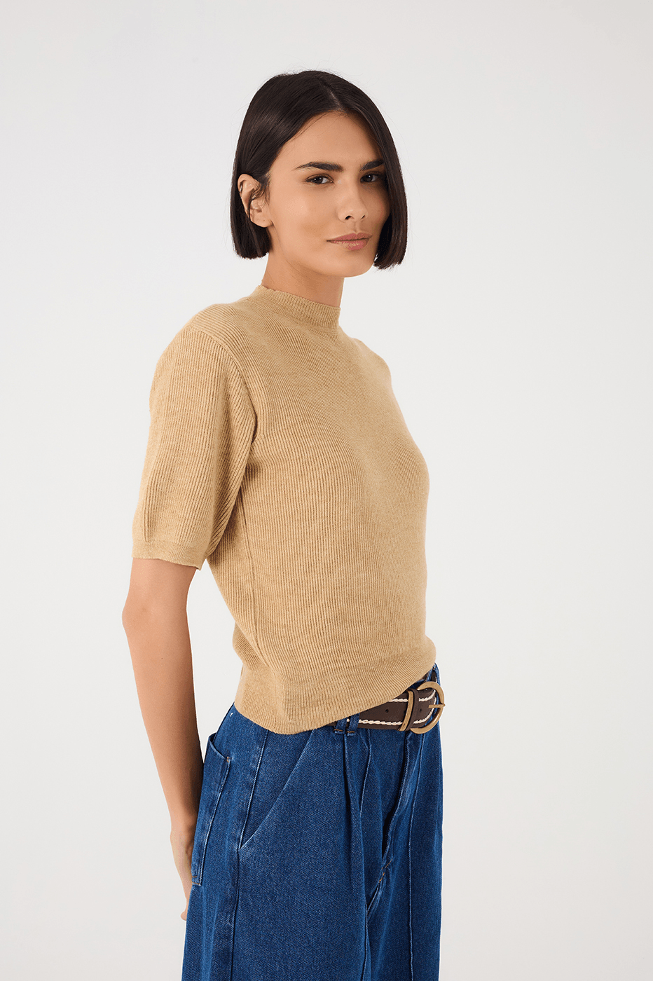 Off-White Short Sleeve Crew Neck Tricot Blouse