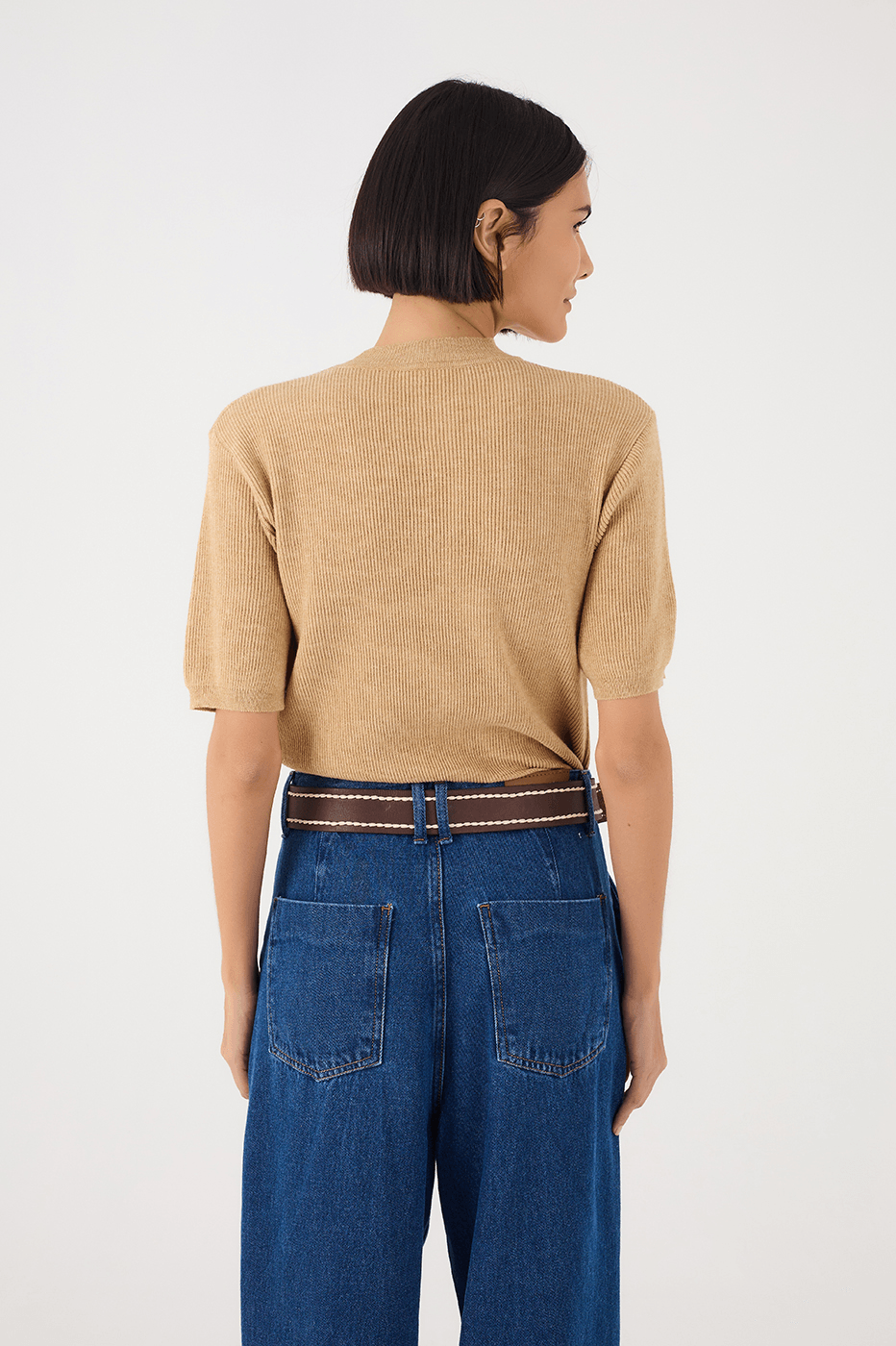 Off-White Short Sleeve Crew Neck Tricot Blouse