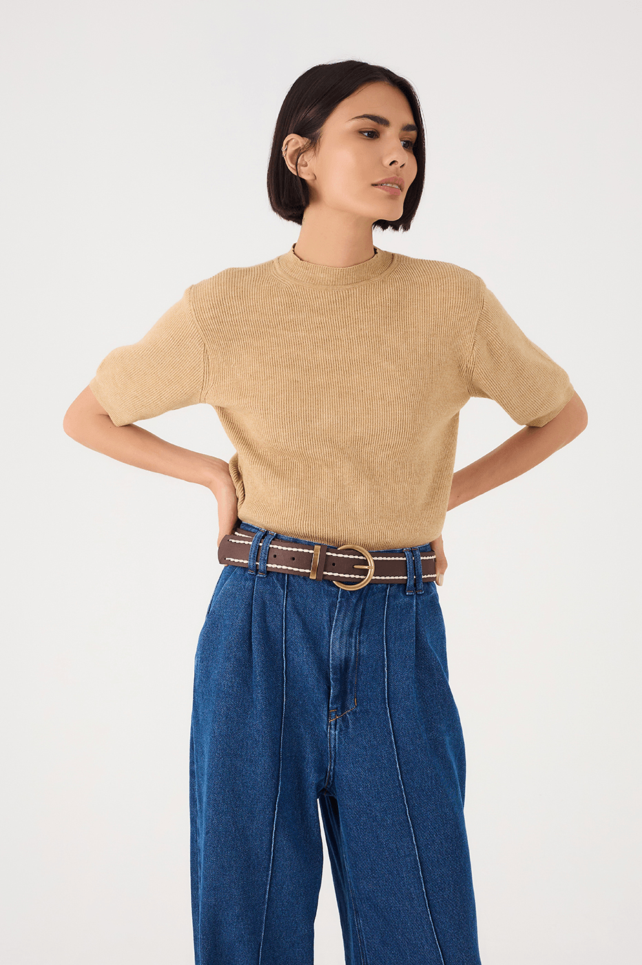 Off-White Short Sleeve Crew Neck Tricot Blouse
