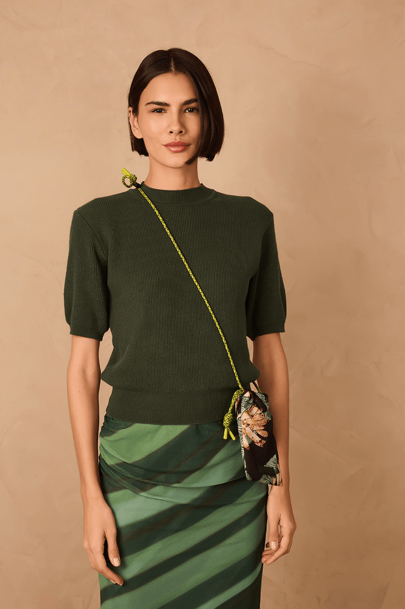 Green Short Sleeve Crew Neck Tricot Blouse_1