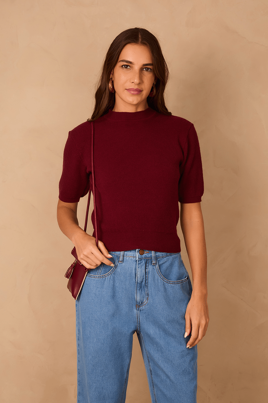 Wine Bossa Short Sleeve Crew Neck Tricot Blouse