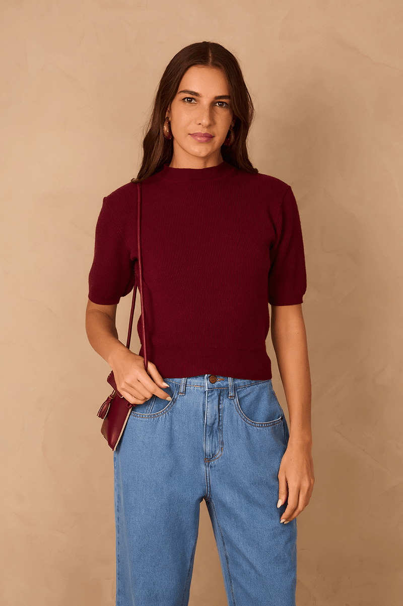 Wine Bossa Short Sleeve Crew Neck Tricot Blouse_1