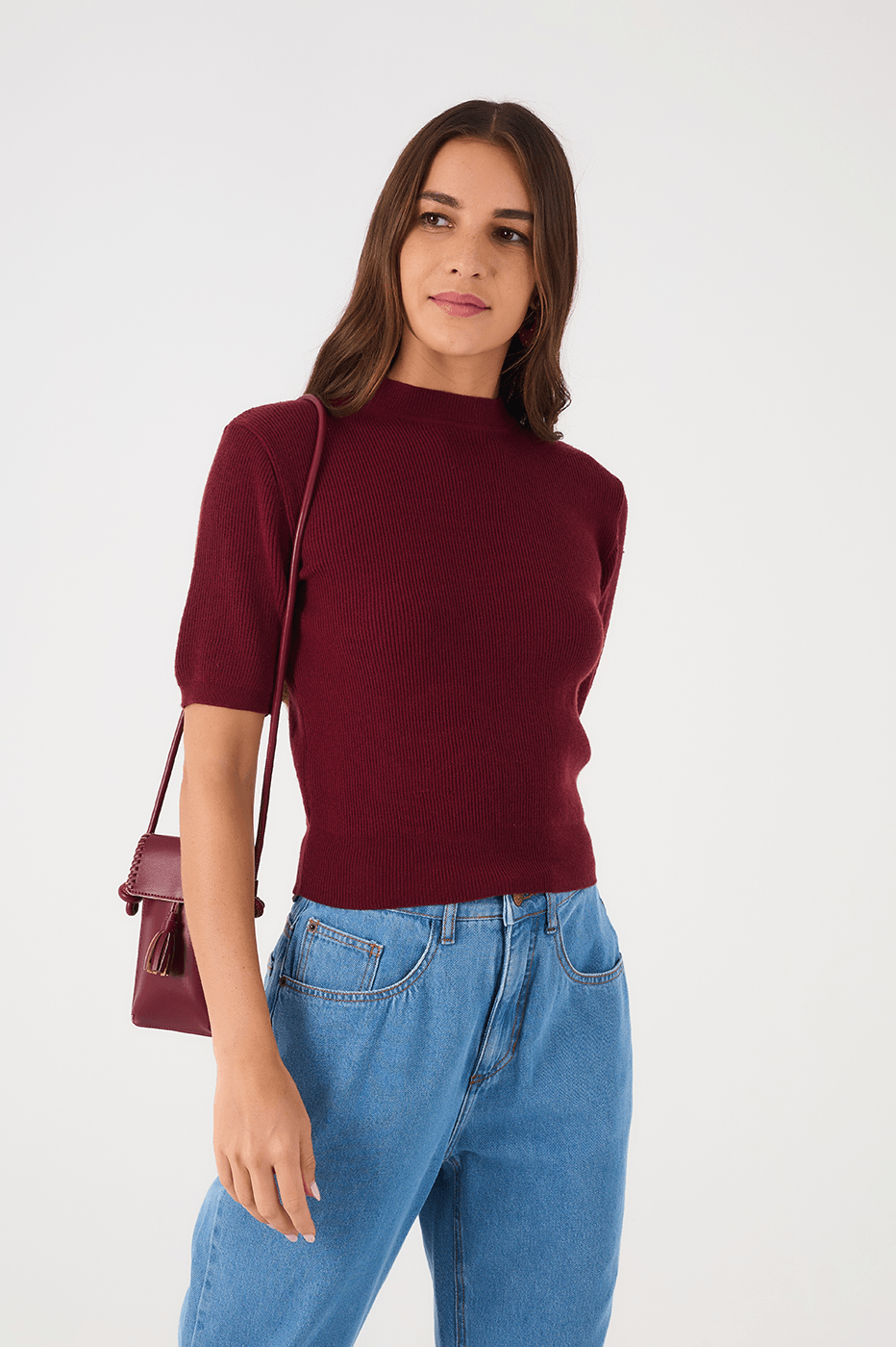 Wine Bossa Short Sleeve Crew Neck Tricot Blouse