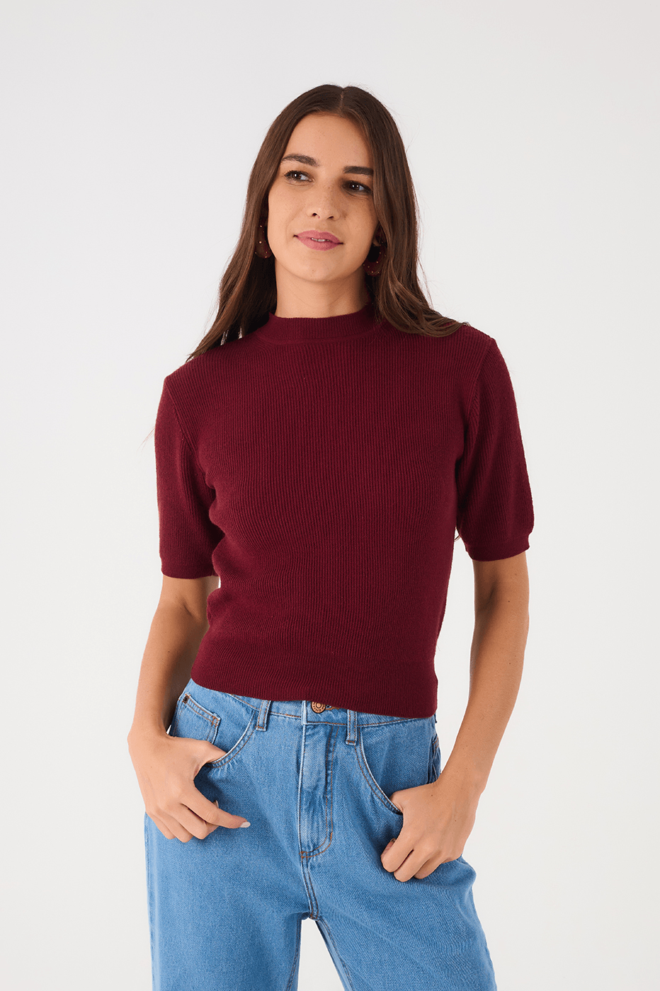 Wine Bossa Short Sleeve Crew Neck Tricot Blouse
