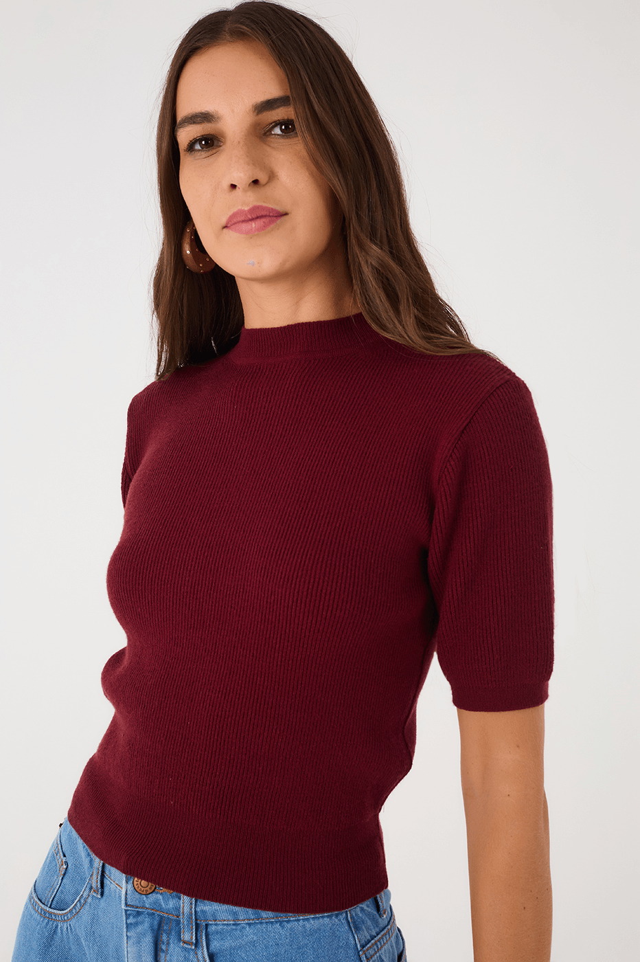 Wine Bossa Short Sleeve Crew Neck Tricot Blouse