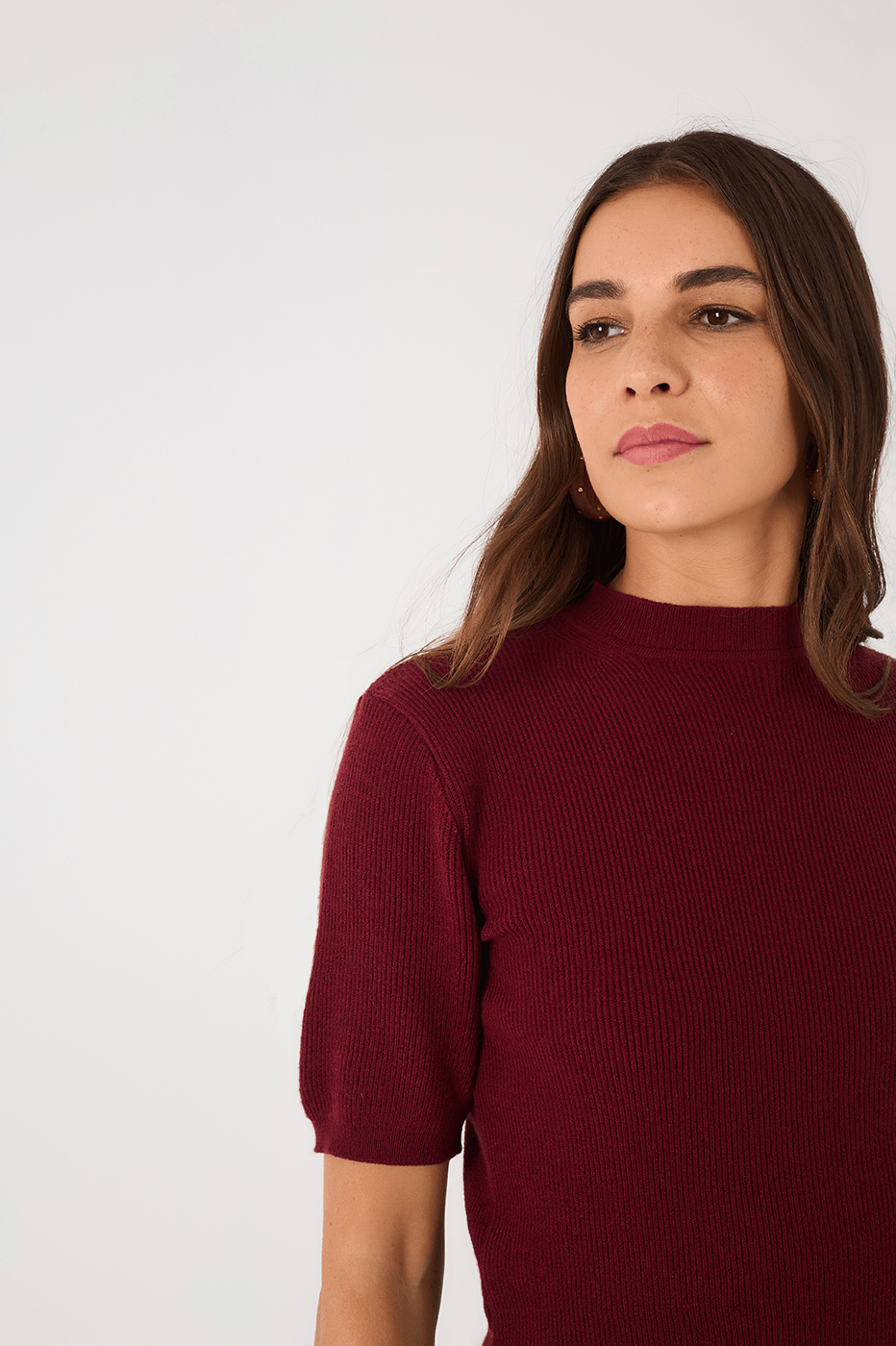Wine Bossa Short Sleeve Crew Neck Tricot Blouse