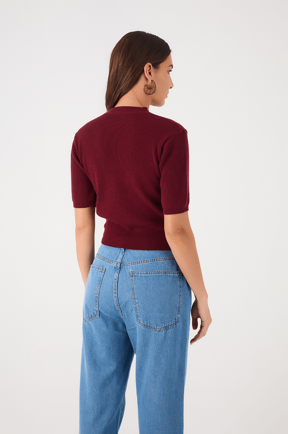 Wine Bossa Short Sleeve Crew Neck Tricot Blouse