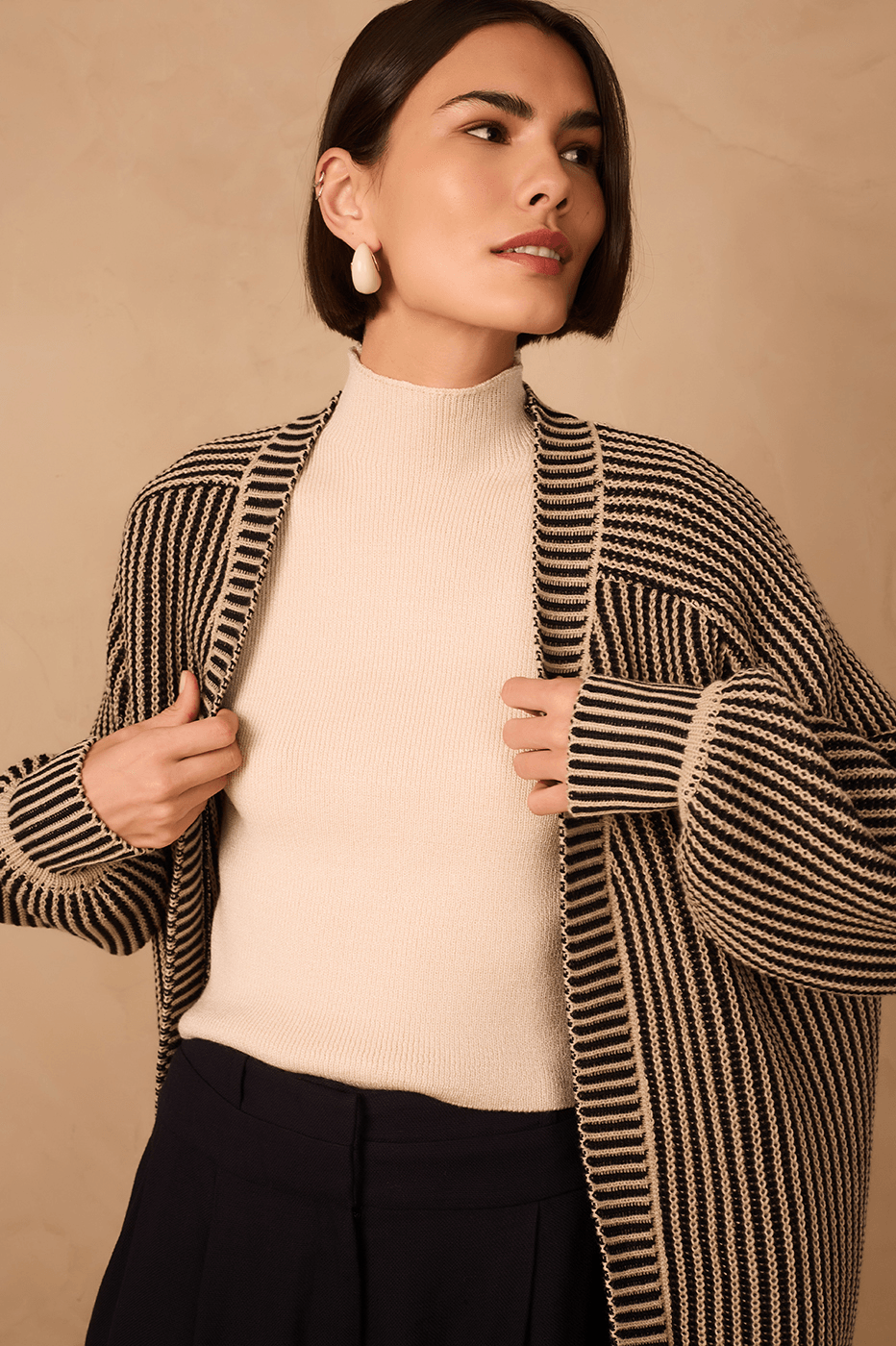 Off-White High Neck Ribbed Tricot Blouse
