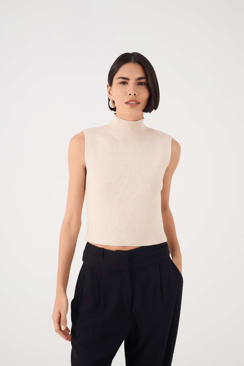 Off-White High Neck Ribbed Tricot Blouse