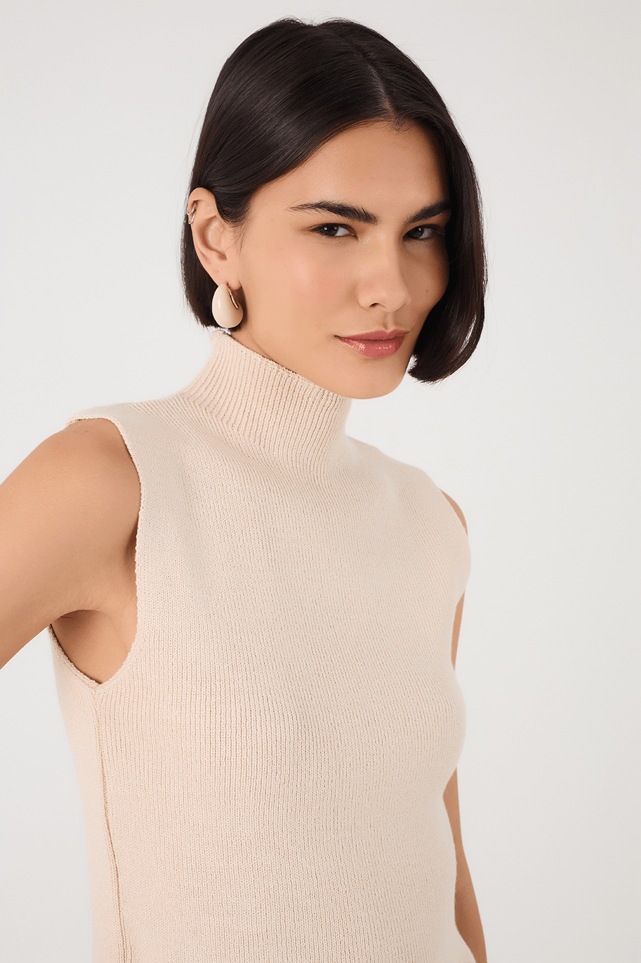 Off-White High Neck Ribbed Tricot Blouse