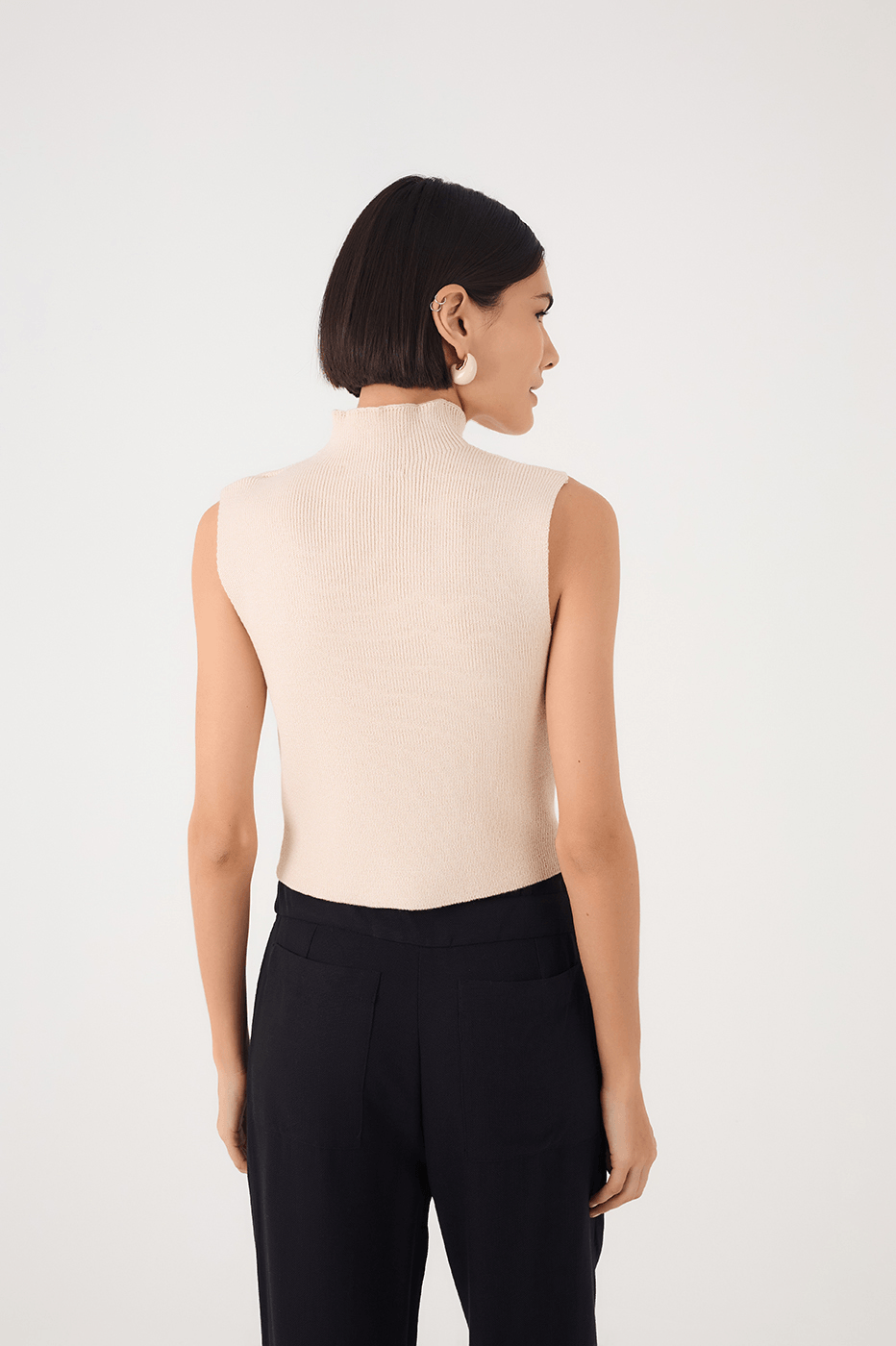 Off-White High Neck Ribbed Tricot Blouse