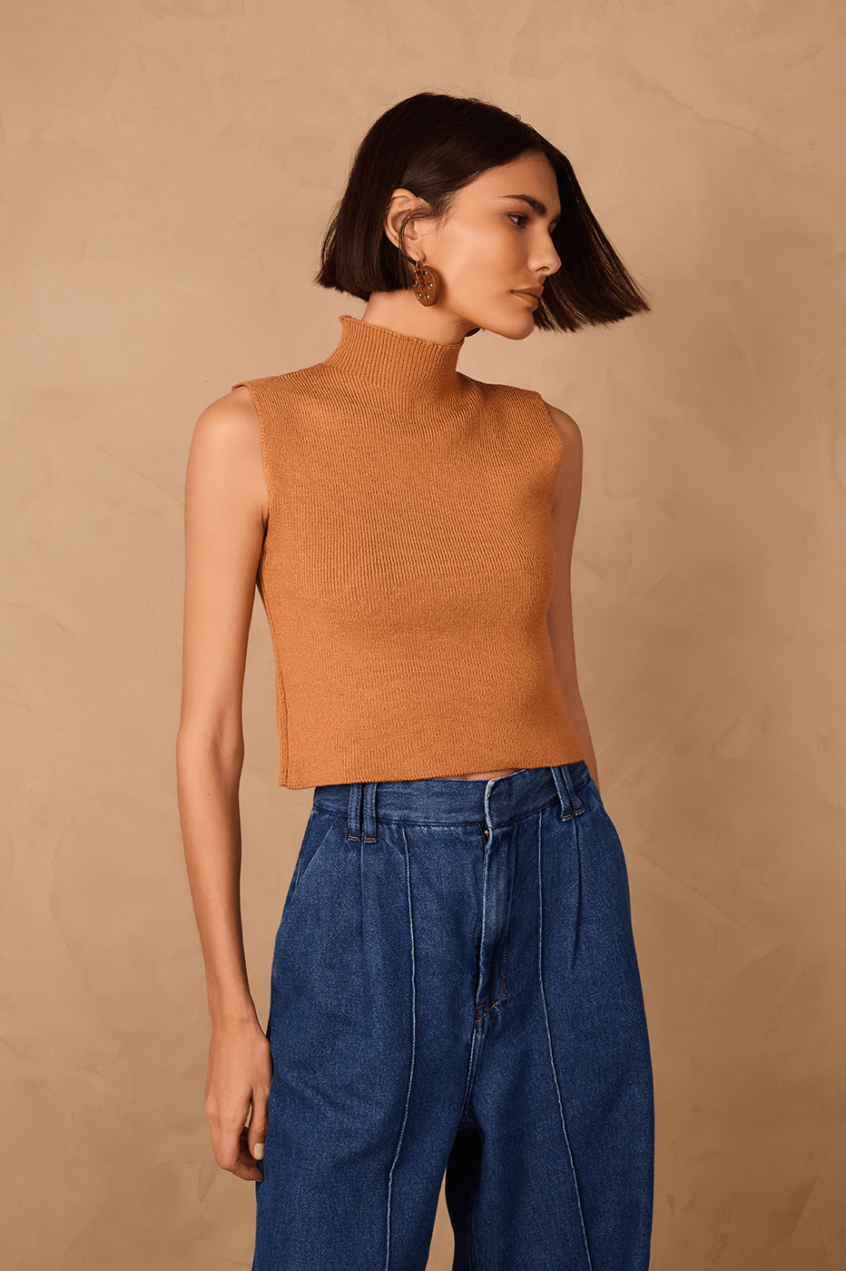 Beige Leme High Neck Ribbed Tricot Blouse