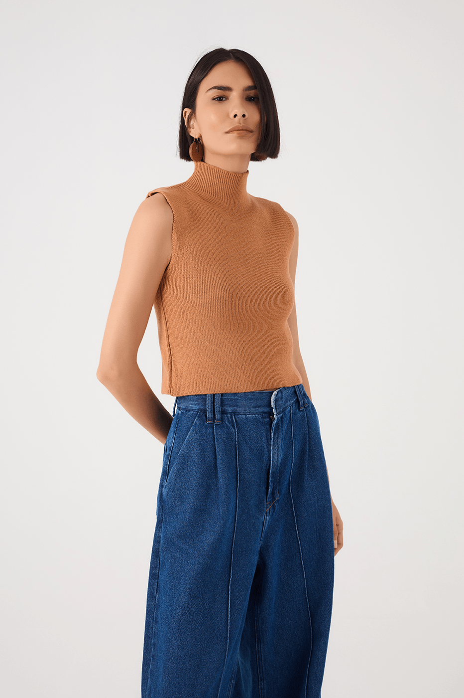 Beige Leme High Neck Ribbed Tricot Blouse