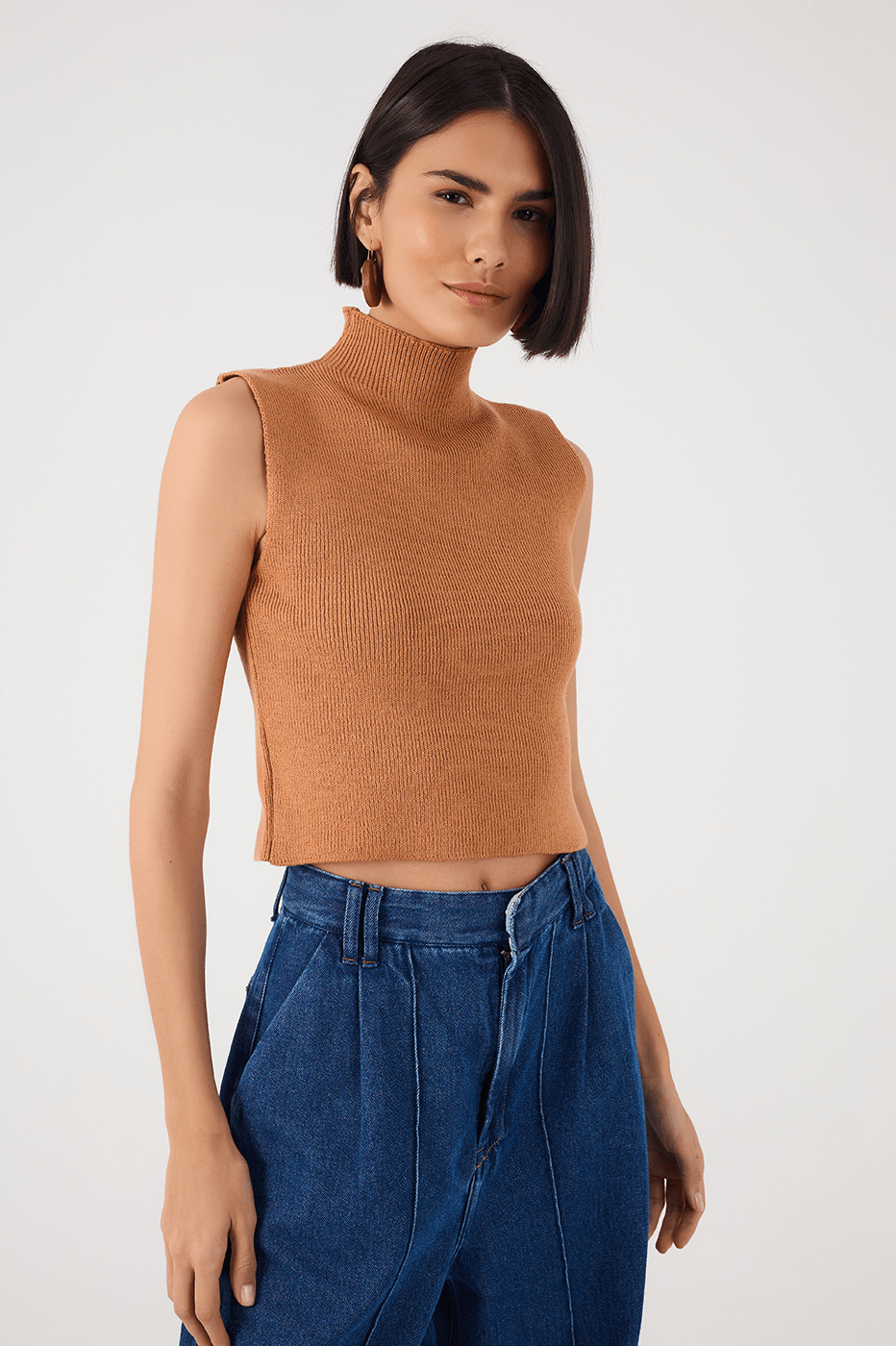 Beige Leme High Neck Ribbed Tricot Blouse