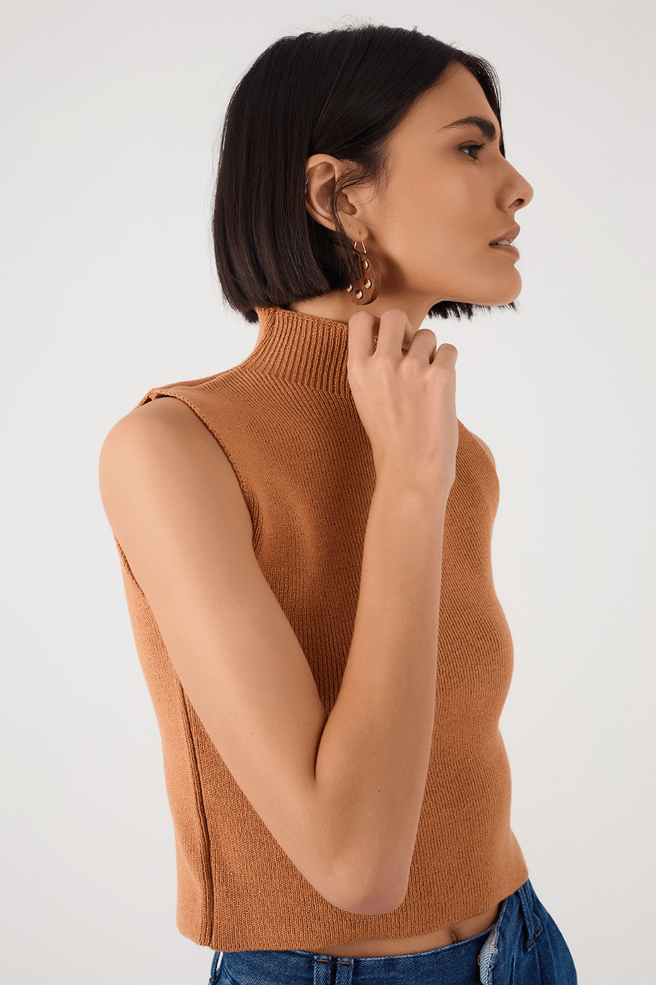 Beige Leme High Neck Ribbed Tricot Blouse