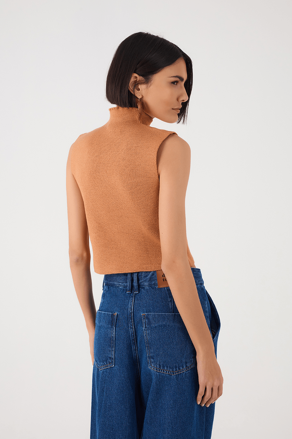 Beige Leme High Neck Ribbed Tricot Blouse