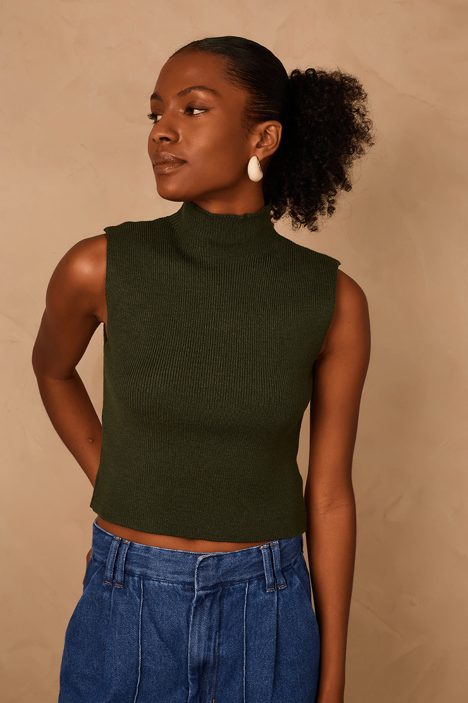 Green Botanico High Neck Ribbed Tricot Blouse