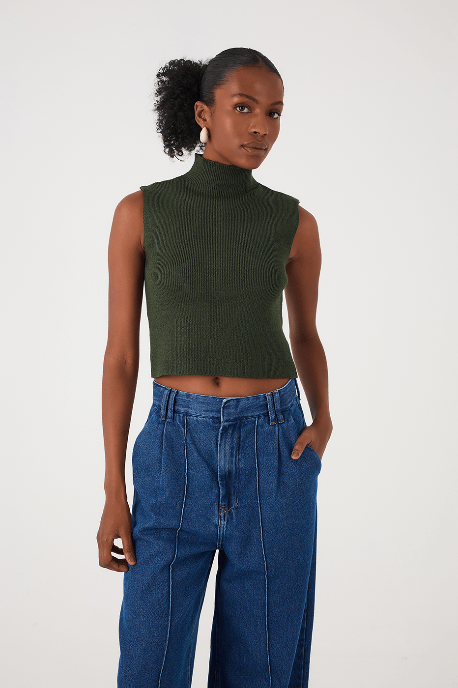 Green Botanico High Neck Ribbed Tricot Blouse