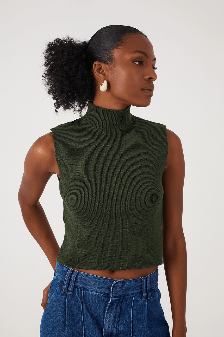 Green Botanico High Neck Ribbed Tricot Blouse