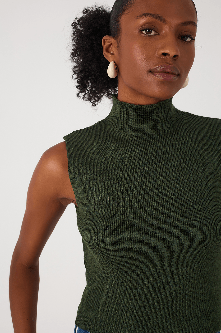 Green Botanico High Neck Ribbed Tricot Blouse